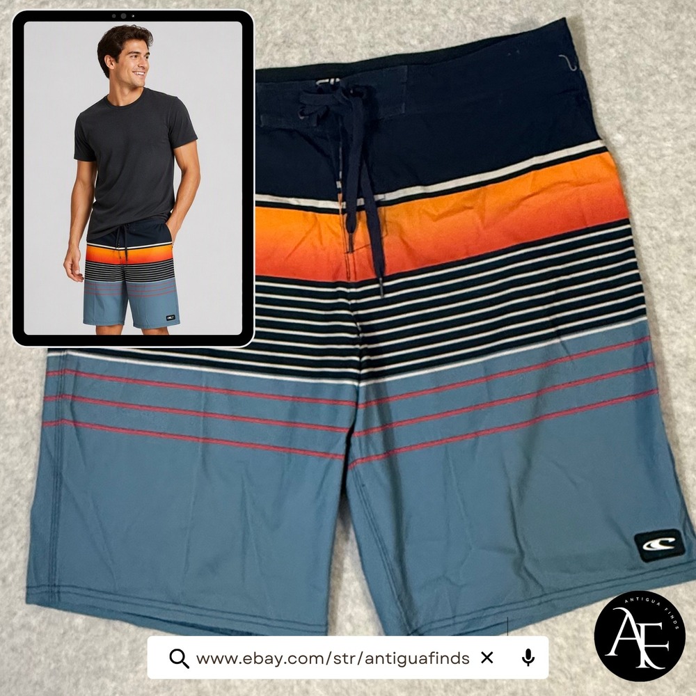 ONeill Mens Board Shorts Size 36 Navy Blue Orange Striped Swim Trunks